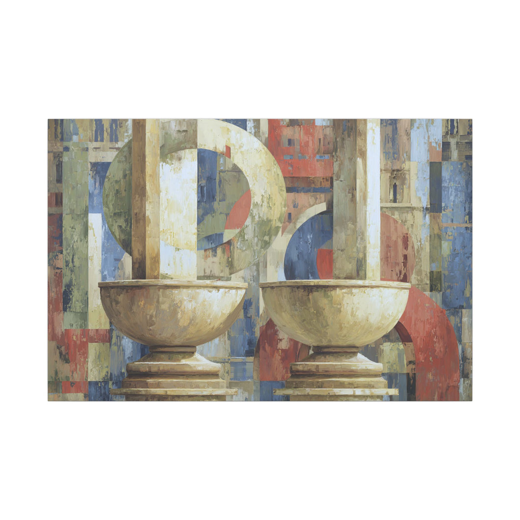 Abstract artwork with geometric shapes and colors on a white background